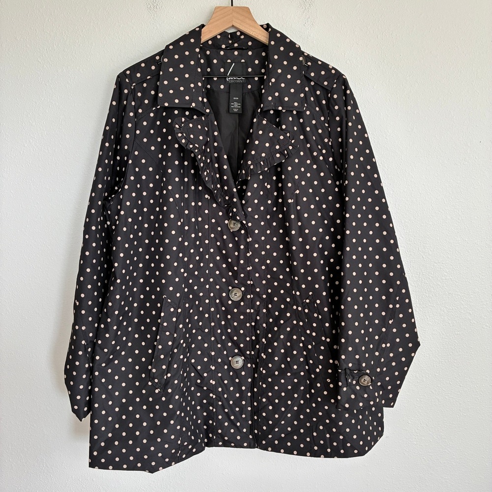 Lane Bryant Trench Coat Women 22/24 Black Tan Polka Dot Ruffle Lapel *No Belt*